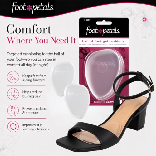Foot Petals Ball of Foot Cushions, Metatarsal Pad, Lasting Comfort Relief, Prevent Toe Sliding, Overhang, Women's Heels - color: Clear Gel, style: 3 pair