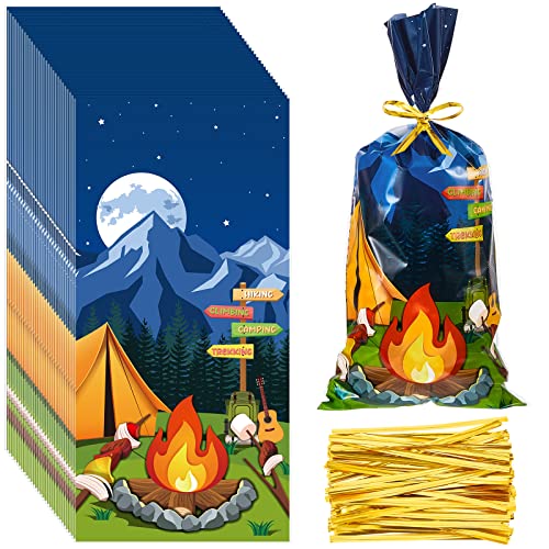 Gueevin 100 Pcs Camping Party Treat Bags with Ties, Camping Pattern