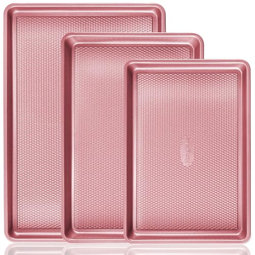 HONGBAKE Baking Sheet Pan Set, Cookie Sheets for Oven, Nonstick Half/Quarter/Jelly Roll Pans with Diamond Texture Pattern, Heavy Duty Cookie Tray, Pink - color: Pink (Carbon Steel)