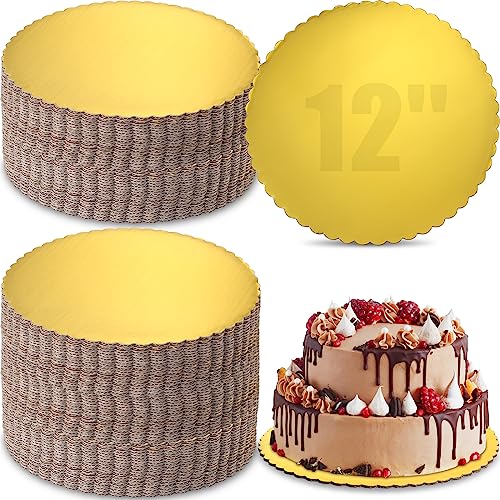Nuenen 50 Pcs 12 Inch Round Cake Boards Gold Scalloped Disposable