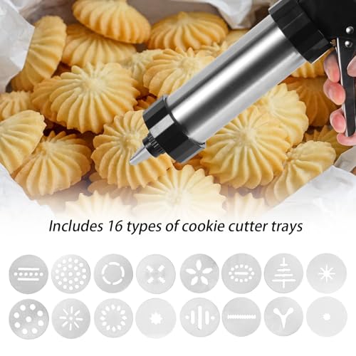 29pcs Stainless Steel Cookie Press Gun Kit, Include Spritzer Cookie Press Gun Mold Machine Discs Piping Set Cleaning Brush Manual Instruction for Baking DIY Biscuit Maker Cakes Desserts