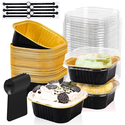 100 Pcs Mini Cake Pans with Lids, 5oz Square Aluminum Foil Brownie Baking Cups, Dessert Cupcake Cups with lids, Disposable Loaf Pans Cupcake for Wedding Birthday Party (Black Gold) - color: Black, size: 5 OZ