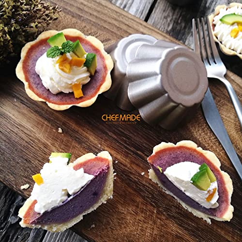 CHEFMADE Mini Pudding Pan Set, 3-Inch 4Pcs Non-Stick Egg Tart Mold Flower-shaped Pie Bread and Cake Pan Bakeware for Oven and Instant Pot Baking (Champagne Gold) - size: 06 - 3" Petal Pie 4Pcs