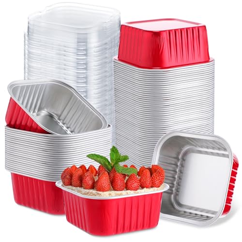 Skylety 100 Pcs 5oz Mini Square Cake Pans with Lids, Red - color: Red