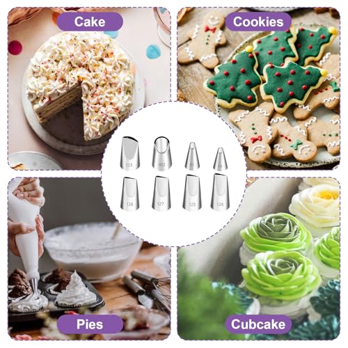 8 Pcs Petal Icing Tips Flower Leaf Piping Tip Set Rose Flower Piping Tips Set with 20 Pcs Disposable Pipi Bags Stainless Frosting Tip DIY Icing Nozzle Tool for Cake Decorating