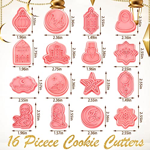 16 Pieces Eid Mubarak Cookie Cutters with Plunger Stamps Set Ramadan Islamic Muslim Biscuit Mold Star Lantern Moon 3D Cookie Stamper Mini Ramadan Plastic DIY Tools for Baking Fondant Supplies