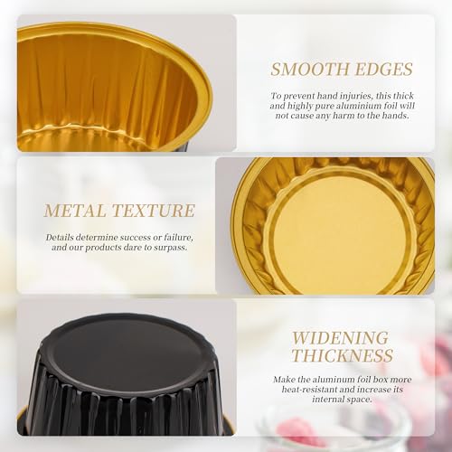 100-Pack 5 oz Black Gold Mini Cake Pans with Lids, Disposable Aluminum Foil Baking Cups, Muffin Tins, Ramekins for Cupcakes, Brownies, Flan, Pudding - Wedding, Birthday Party Supplies - color: Black/Gold