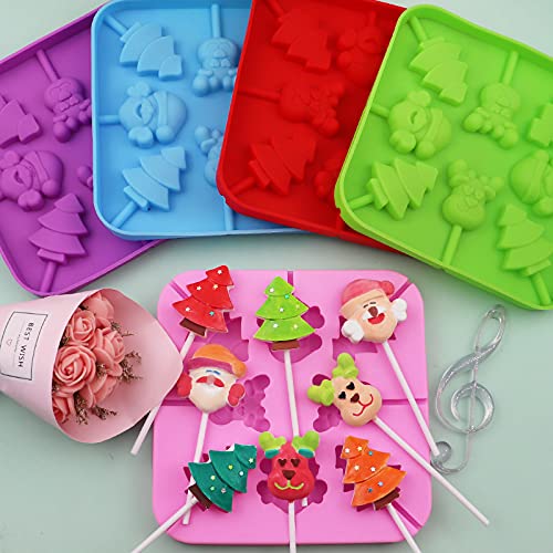 2Pcs Christmas Candy Molds Silicone Lollipop Molds Chocolate Lollypop Sucker Mold elk Santa Claus Christmas tree Reusable Food Grade Silicone Molds for Halloween Christmas Parties（Pink Green）