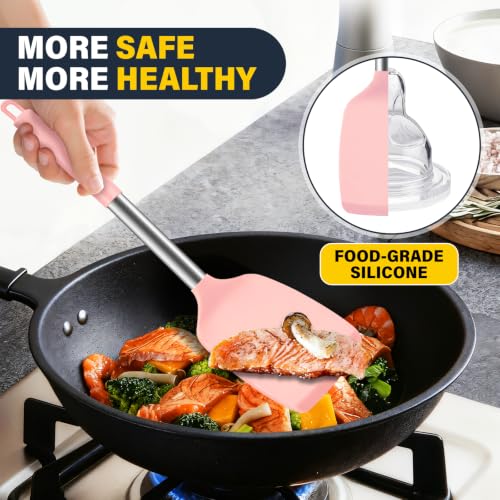 2 Pack Silicone Spatula Set, Solid & Slotted Turner for Non-Stick Pans - color: Pink