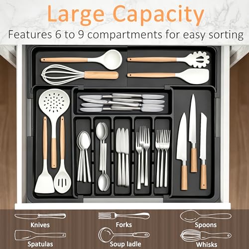 Spaclear Large Silverware Drawer Organizer Expandable Kitchen Utensil Tray - color: Black