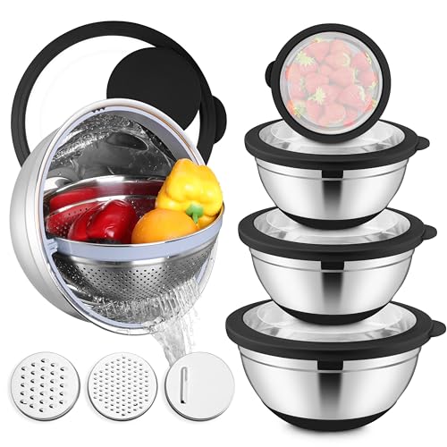 E-far Stainless Steel Mixing Bowls with Lids & Colander, 15PCS - color: Black