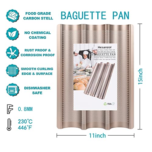 Baguette Pans for Baking 15" x 11", Carbon Steel 3 Loaf Nonstick Baguette Baking Tray for French & Italian Perforated French Bread Pan - color: Gold