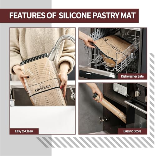 Cook's Aid Silicone Pastry Mat Extra Large with Measurements 26''x16'' for Reusable,Non-slip Silicone Baking Mat, Counter, Dough Rolling, Oven Liner,Fondant/Pie Crust,Dark Gray - color: Dark Gray