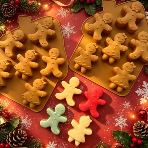 2‑Pack Christmas Silicone Molds for Baking Large Gingerbread Man Silicone Chocolate Molds Holiday Soap Candle Molds for Ice Cube Jelly Mini Cake Resin DIY Crafts - color: Brown-Gingerbread man