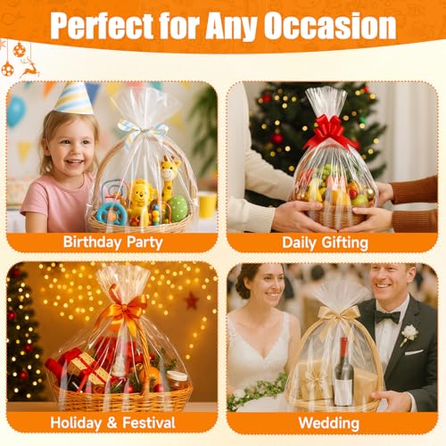 Cellophane Bags For Gift Baskets, 10 Pack 30x40 Inch Clear Gift Bags with Gold Twist Ties – Durable, Tear-Resistant, Crystal Clear Gift Wrap for Fruit Baskets, Holiday, Wedding, Party Presents - color: 30x40 Inch (Pack of 10)
