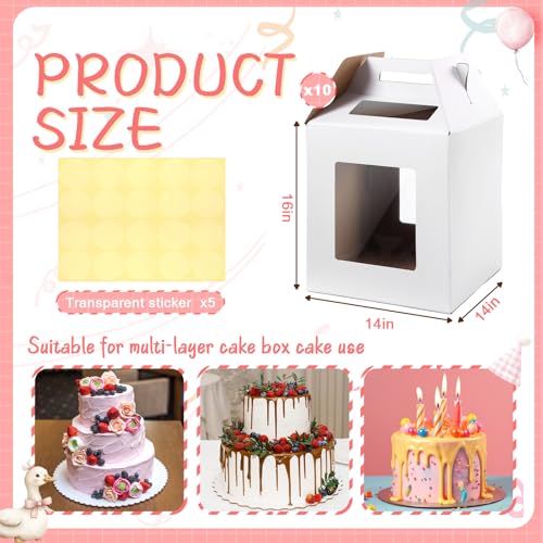 10 Pack Tall Cake Boxes for Tier Cakes 14 x 14 x 16 Inch with Window - size: 14 x 14 x 16 Inches