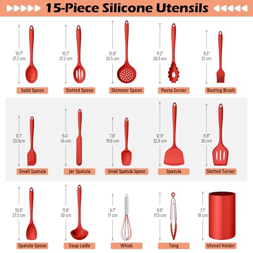 Homikit Kitchen Cooking Utensils Set, 15-Piece Silicone Spatula with Holder - color: Red