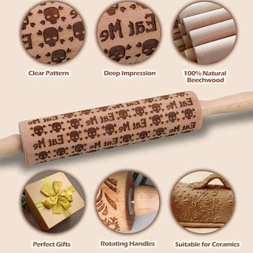 Halloween Embossed Rolling Pin for Baking Cookies Embossing Rolling Pins with Design Wooden Engraved Springerle Roller Pin Dough Spooky Patterned Clay Pottery Ceramic Gifts Bakers Women (Skulls) - color: Skull