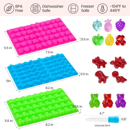 Gummy Candy Molds with 2pcs Droppers, Large Silicone Candy Molds 3 Pack - color: B-Fruit+Bear+Dinosaur:3 Pcs, size: Large Gummy Molds