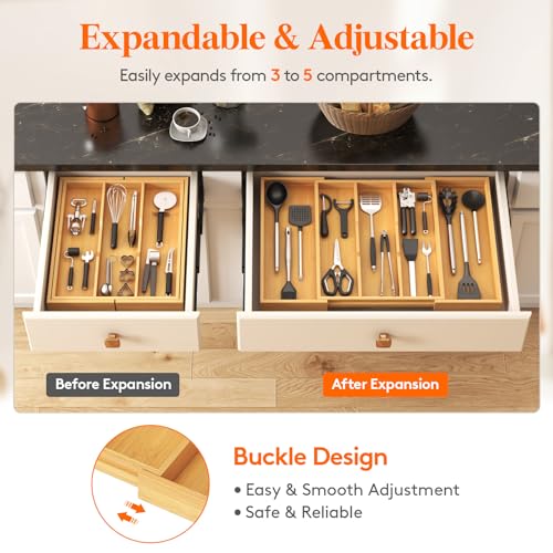 Lifewit Bamboo Kitchen Drawer Organizer, Cooking Utensil Silverware Tray - color: Natural, size: 5 Slot(15.6~28''W x 18.5'' D)