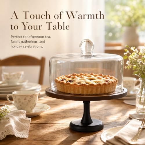 Glass Cake Stand with Dome, 11.5-Inch Bamboo Base, Dessert Display