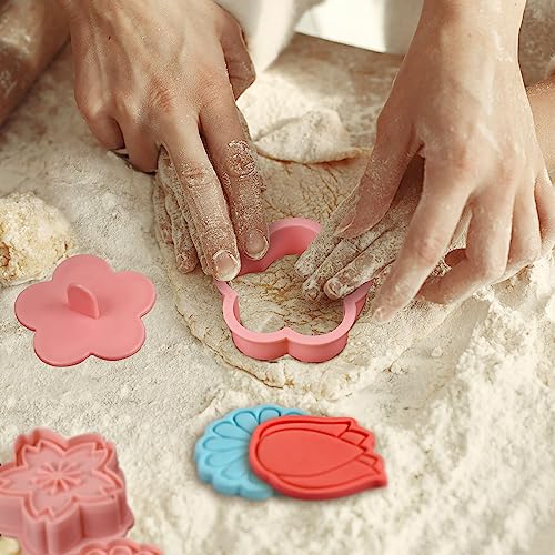 8 Pack Flower Cookie Cutters, 3D Cookie Cutter with Plunger Stamp - color: Flower