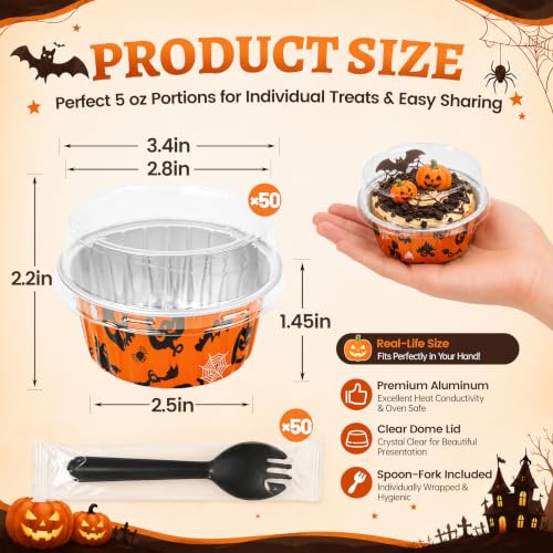 50 Pack Halloween Baking Supplies Mini Cake Pans with Lids and Spoons - color: Orange and Black