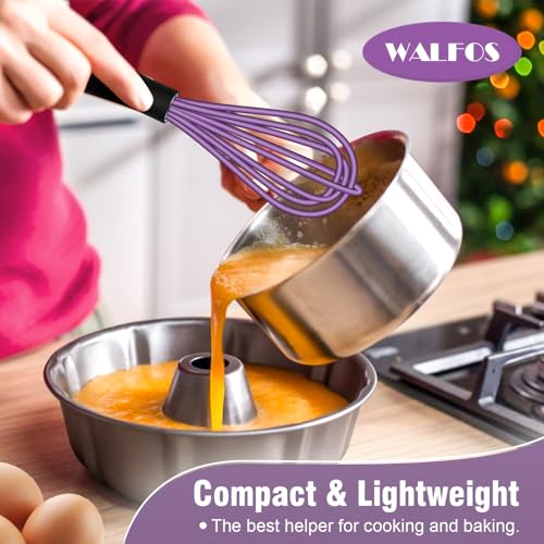 Walfos Whisk,5+7Inch Mini Whisks,Silicone Non Scratch whisk,Heat Resistant(480°F) Small whisks Suitable for stirring individual eggs and mixing small amounts of powder and sauce. Purple & Green - color: 2pcs Purple+ Green; 5+7in