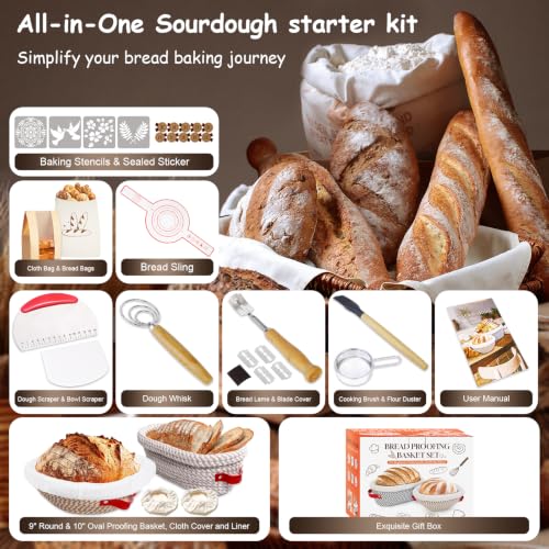Sourdough Starter Kit, Sourdough Bread Baking Supplies, Cotton Rope Banneton Bread Proofing Basket Set with Sourdough Starter Jar for Bread Making Baking, Sour Dough Kit Tools Gifts for Bakers Women