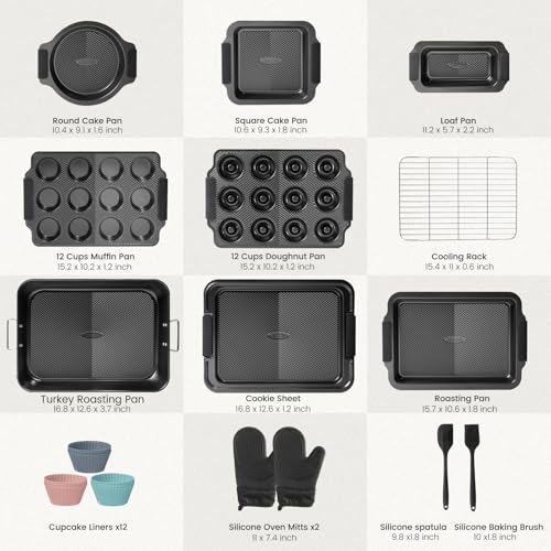 Kikcoin 25-Piece Nonstick Baking Pans Set with Large Turkey Roasting Pan, Stackable Ceramic Bakeware Set, 450°F Oven Safe Baking Sheet Set with Silicone Handles, Cookie Sheets for Baking, Black - color: Black