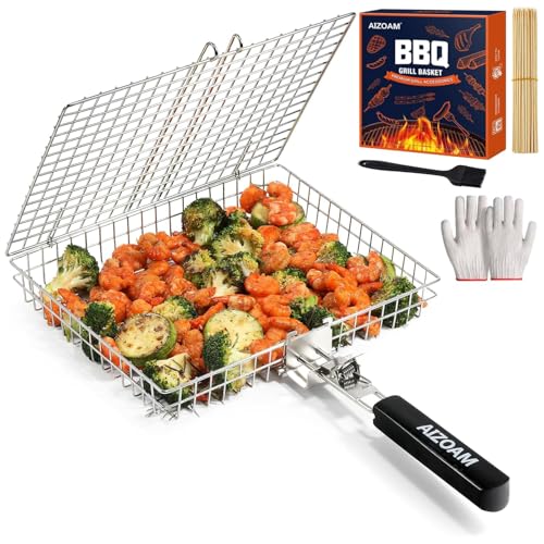 Grill Basket - Grill Baskets for Outdoor Grill, Stainless Steel Large Grilling Basket w Removable Handle, Portable Fish Grilling Rack for Grill Ideal Meat Fish Vegetables Grilling Accessories