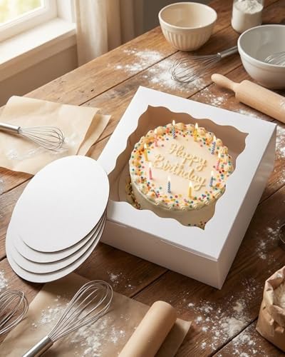 qiqee 10"x10"x5" Cake Box, 60 Sets White Cake Box with Window ＆ 60 Sets 10" White Cake Round Boards, for Cake, Treat Cookie Dessert, Pastry, Birthday Party, Weddings, 3 rolls of pink ribbons - color: White, size: 10"x10"x5", 60Pcs