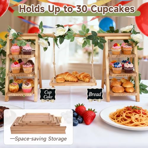 Wooden Cupcake Stand, Foldable 3 Tier Cupcake Display Stand, Walnut Brown