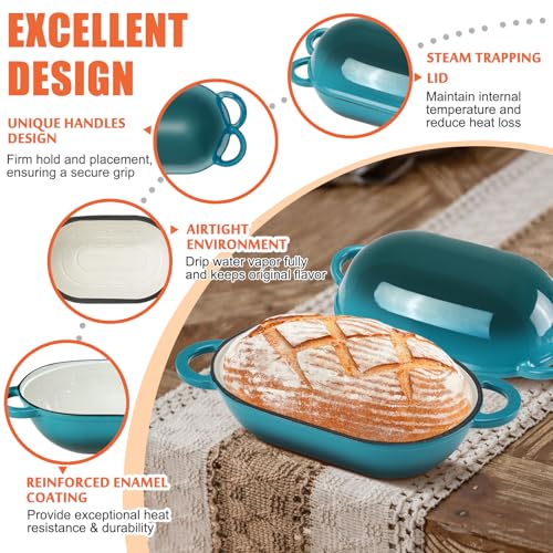 5 QT Enameled Cast Iron Sourdough Bread Oven, Loaf Pan with Lid - color: BlueGreen, size: 5 QT