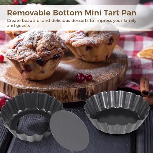 Homaisson 16 PCS Mini Removable Bottom Tart Pans, 3 in Nonstick Carbon Steel Fluted Cake Molds, Flower Shape Mini Pie Pans, Baking Cups for Tarts, Pudding, Brownies, Small Quiche