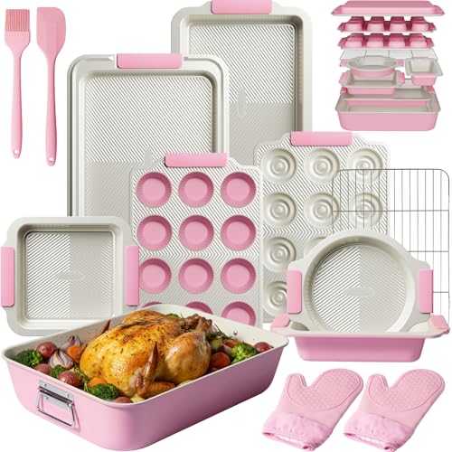 Kikcoin 25-Piece Nonstick Baking Pans Set with Large Turkey Roasting Pan, Stackable Bakeware Set, 450°F Oven Safe Baking Sheet Set with Silicone Handles, Carbon Steel Cookie Sheets for Baking, Pink - color: Pink