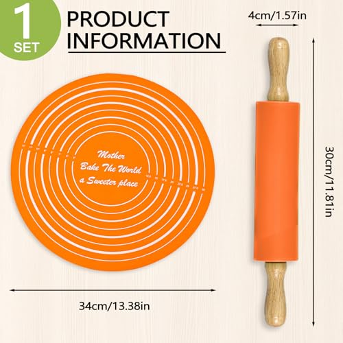 Silicone Rolling Pin Backing Mat Set, 13" Dough Roller with Non Stick Pastry Sheet, Small Fondant Roller Round Kneading Mat for Bread Cookie Pie Pizza Sourdough Kitchen (Orange) - color: Orange