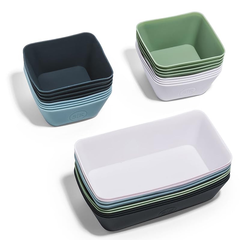 The Silicone Kitchen Reusable Silicone Bento Baking Cup, Non-Toxic, BPA Free, Dishwasher Safe Bento Box Accessories Lunch Box Dividers, Square and Rectangle, 24 Pack, Blue, White, Green - size: Bento