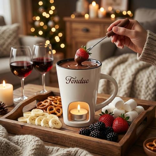 White Chocolate Fondue Mug with Tealight & Fork – Ceramic Single-Serve Fondue Cup for Chocolate & Cheese Dipping - color: White