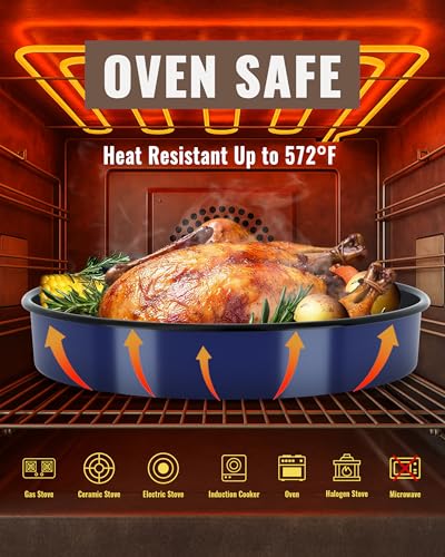 Round Turkey Roasting Pans Set of 4, Enamel Cake Baking Pan for Oven - color: Navy Blue