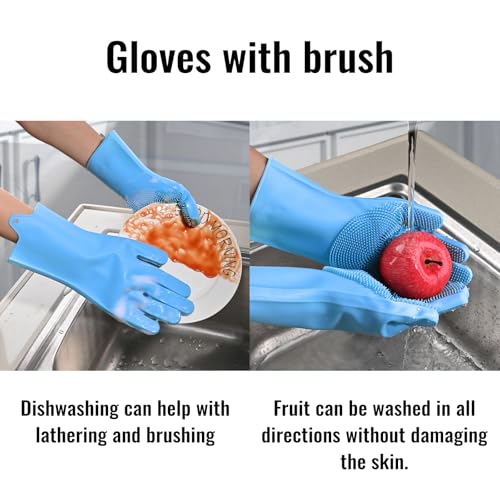 Silicone Dishwashing Gloves with Scrubbers, Pet & Dish Scrubbing（1pair, 12.2" L）