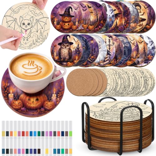 Reallnaive 77 Pcs Wooden Coasters Paint Kit, Halloween - style: Halloween