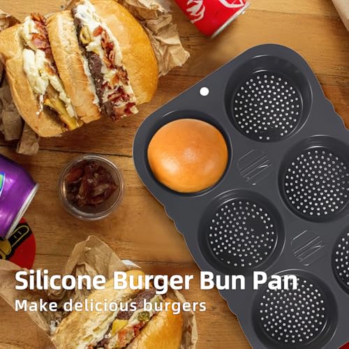 Hamburger Bun Pan and Baguette Pan With Spatula Brush, Silicone Hamburger Bun Pans for Baking, Nonstick French Bread Baking Pan for Baking Homemade Bread (Black)