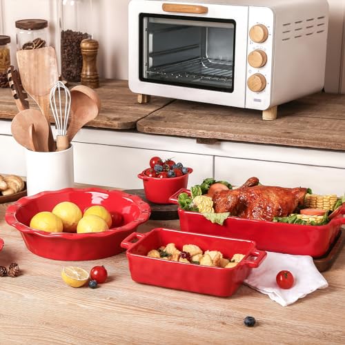 vicrays Ceramic Pie Pan for Baking - 9 inch Pie Plate, Round, Fluted and Deep Pie Dish for Tart, Pizza, Apple Pie, Quiche, Pot Pies, Cake - Reactive Glaze (Red) - color: Scarlet Red
