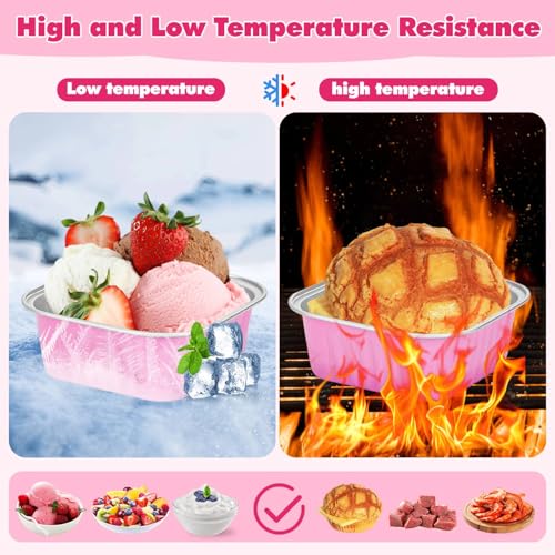 selizo 60 Pack 10oz Mini Disposable Cake Pans with Lids, Aluminum Foil Square Baking Cups, 4.4x4.4 Large Baking Cake Tins Cup Cake Containers with Lids for Thanksgiving Individual Cakes - color: Pink, size: 10oz