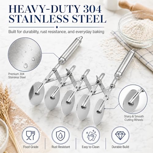 Wheel Adjustable Pasta Cutter with Handle - Stainless Steel Multi-Tool for Baking Pastry, Pizza, Noodles & Pie Crust (7 Roller) - color: 7 Roller