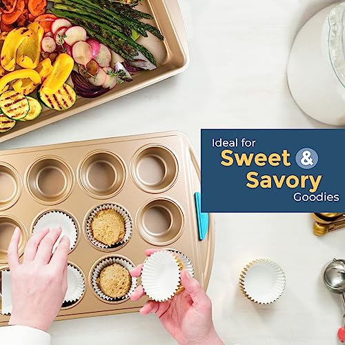 Perlli Baking Kit: Nonstick Gold Steel Oven Set - 10 Pieces, Cookie Sheets, Cake Pans, 9x13Pan with Lid, Loaf & Deep Pans, Pizza Crisper, Muffin Pan - Silicone Handles - color: Blue, size: 10 Piece
