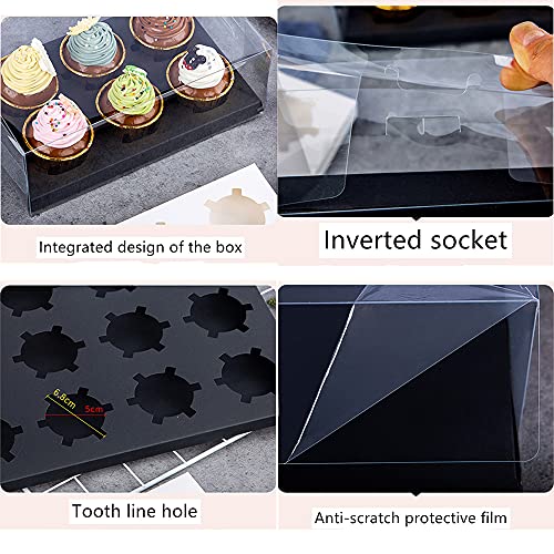 10 Gift Boxes Transparent Cake Boxes ，6 Holes Inserts Cupcake & Dessert Boxes | Tall Transparent Cupcake Box | Insert in White,orBlack | Fits Muffin & Cupcakes Cases（9.4"x 6.7" x 3.9" ） (black)