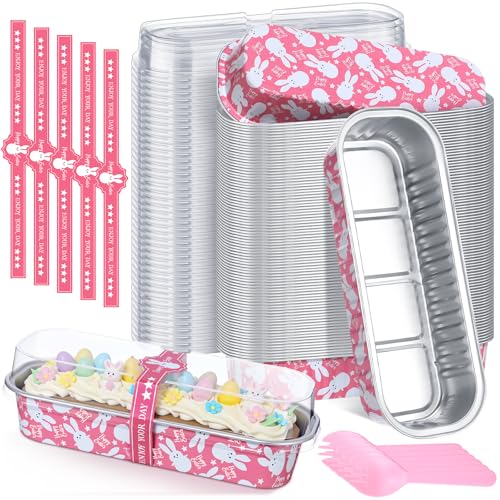 Tioncy 50 Set Easter Mini Pink Bunny Loaf Pans with Lids Spoons Stickers - style: Bunny