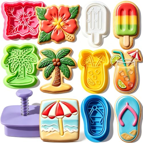 6Pcs Summer Beach Cookie Cutters Shapes Plunger Cookie Cutters with Spring